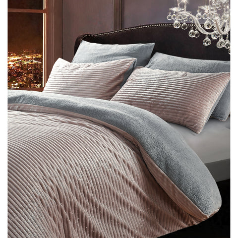 RIBBED Cosy Soft Teddy Fleece Duvet and Pillow Cover Bedding Set