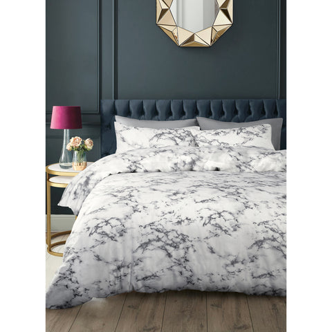 Online Marbled white and gray comforter set.