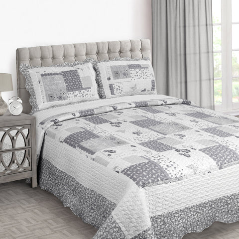 Velosso Maya Grey Floral Patchwork Pinsonic Bedspread Set