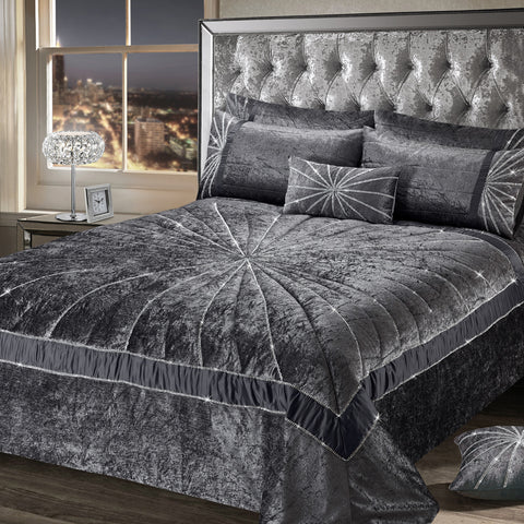 Intimates Starburst Crushed Velvet Diamante Charcoal Quilted Bedspread