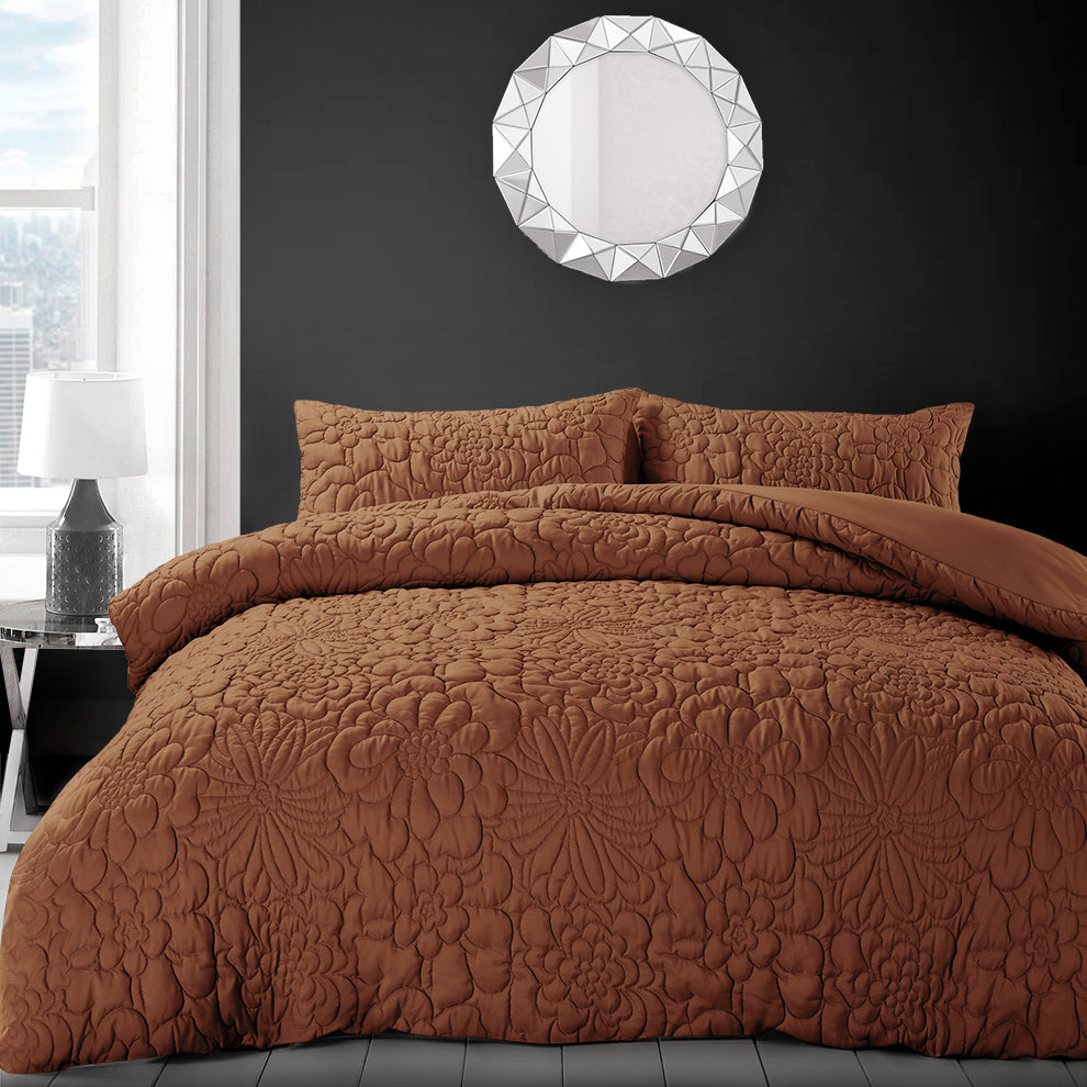 Velosso Alini Orange Quilted Floral Duvet Cover & Pillowcase Set