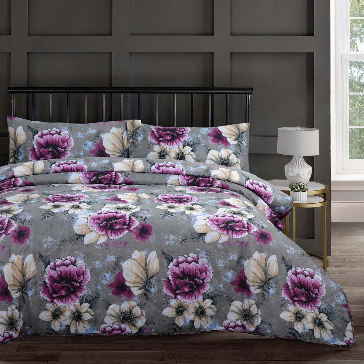 Velosso Casia Floral Grey Quilted Bedspread Set | Linens Online