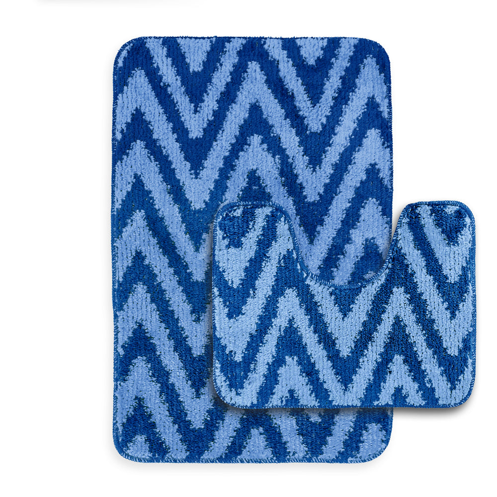 Velosso Chevron Stripe Non Slip Bath Mat Set - Blue