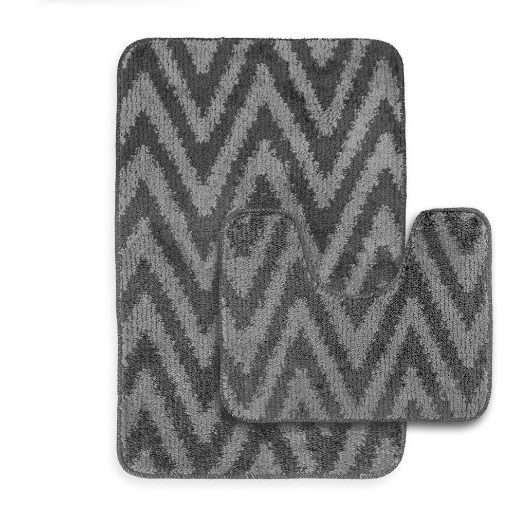 Velosso Chevron Stripe Non Slip Bath Mat Set - Grey