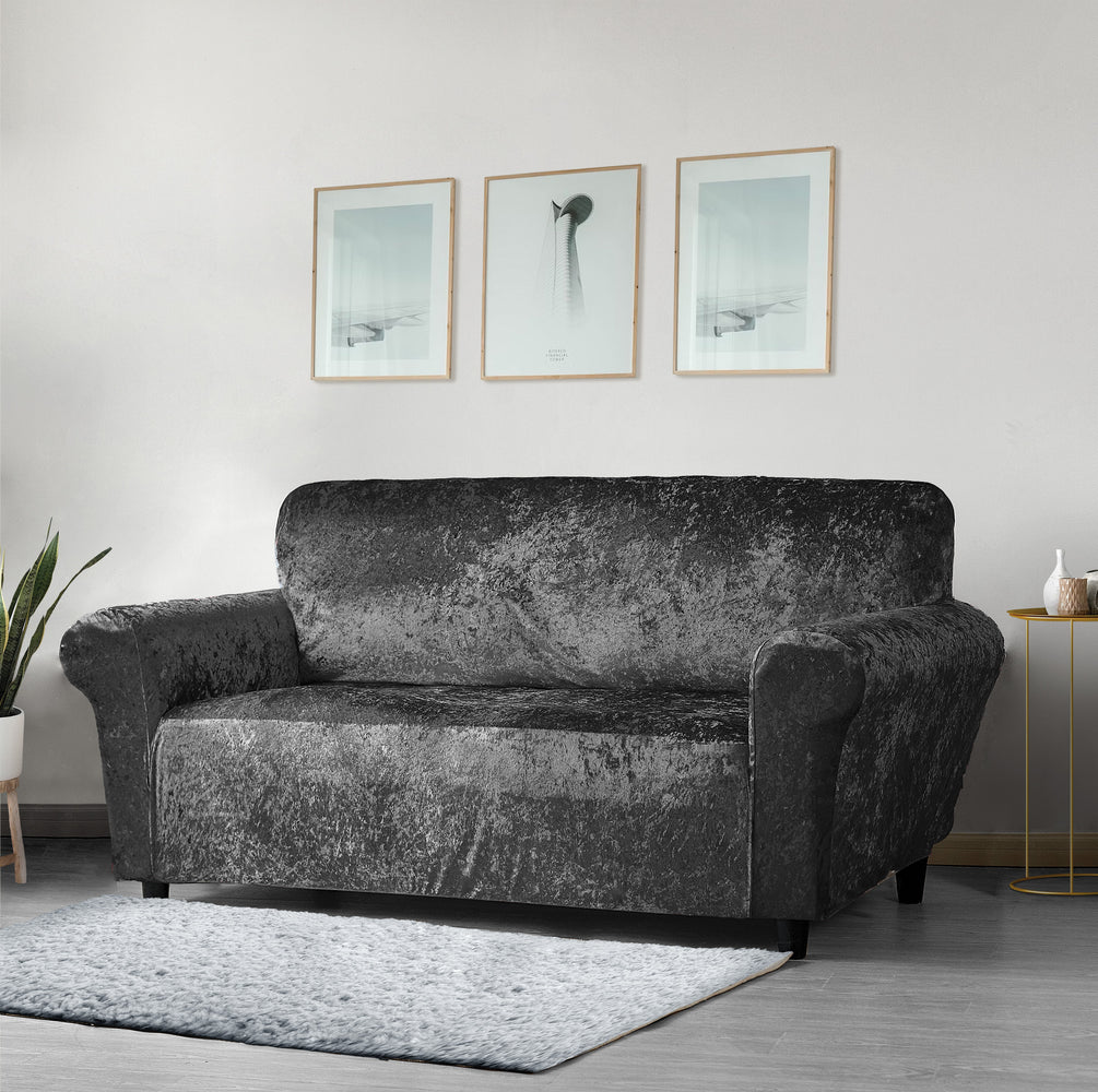 Home Republic Crushed Velvet Charcoal Grey Luxury Stretch Sofa Slip Cover