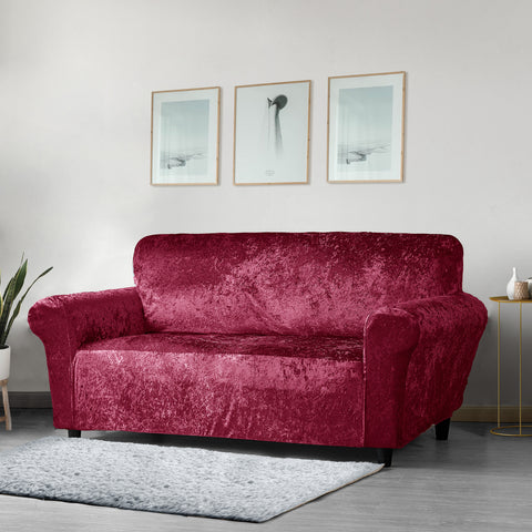 Home Republic Crushed Velvet Wine Luxury Stretch Sofa Slip Cover