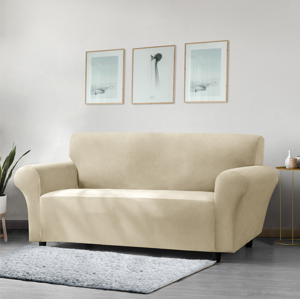 Home Republic Mink Velvet Beige Luxury Stretch Sofa Slip Cover