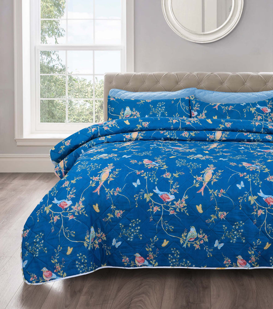 Velosso Birds Floral Navy Blue Quilted Bedspread Set
