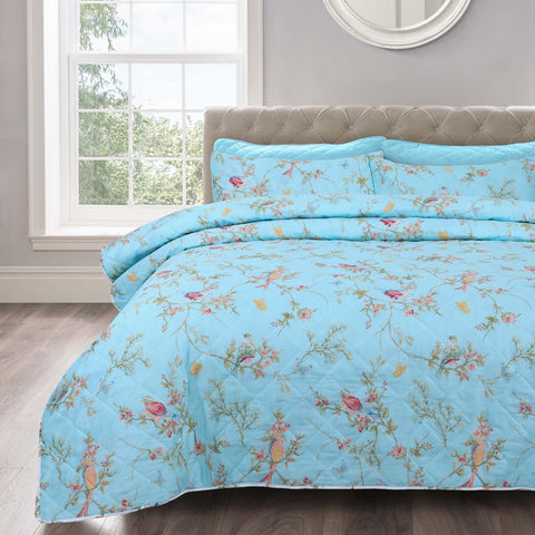 Velosso Birds Floral Duck Egg Quilted Bedspread Set