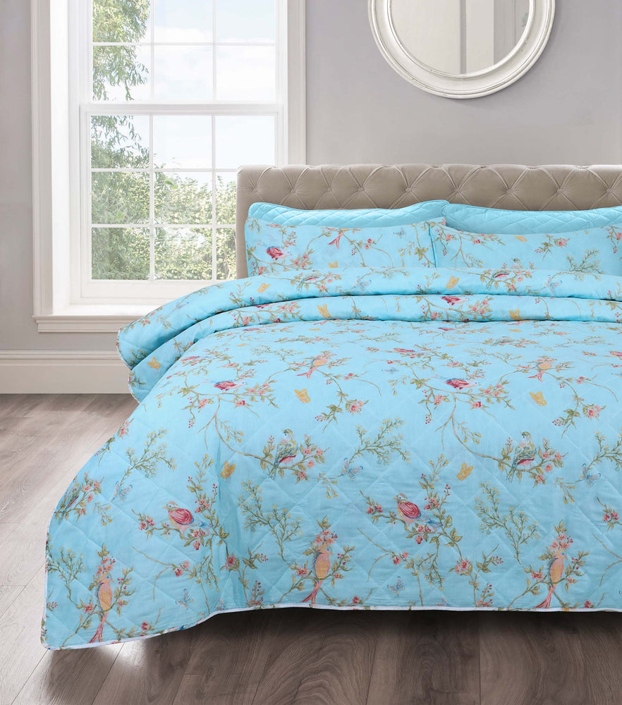Velosso Birds Floral Duck Egg Quilted Bedspread Set