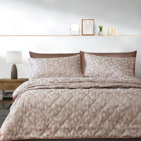 Velosso Luxury Jacquard Florette Blush Pink Leaves Quilted Bedspread Set