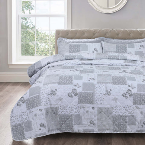 Velosso Maya Floral Grey Quilted Bedspread Set
