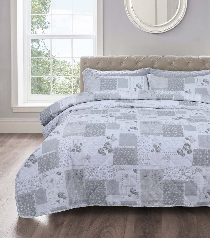 Velosso Maya Floral Grey Quilted Bedspread Set