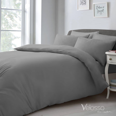 Velosso Super Soft Plain Microfibre Grey Duvet Cover & Pillowcase Set