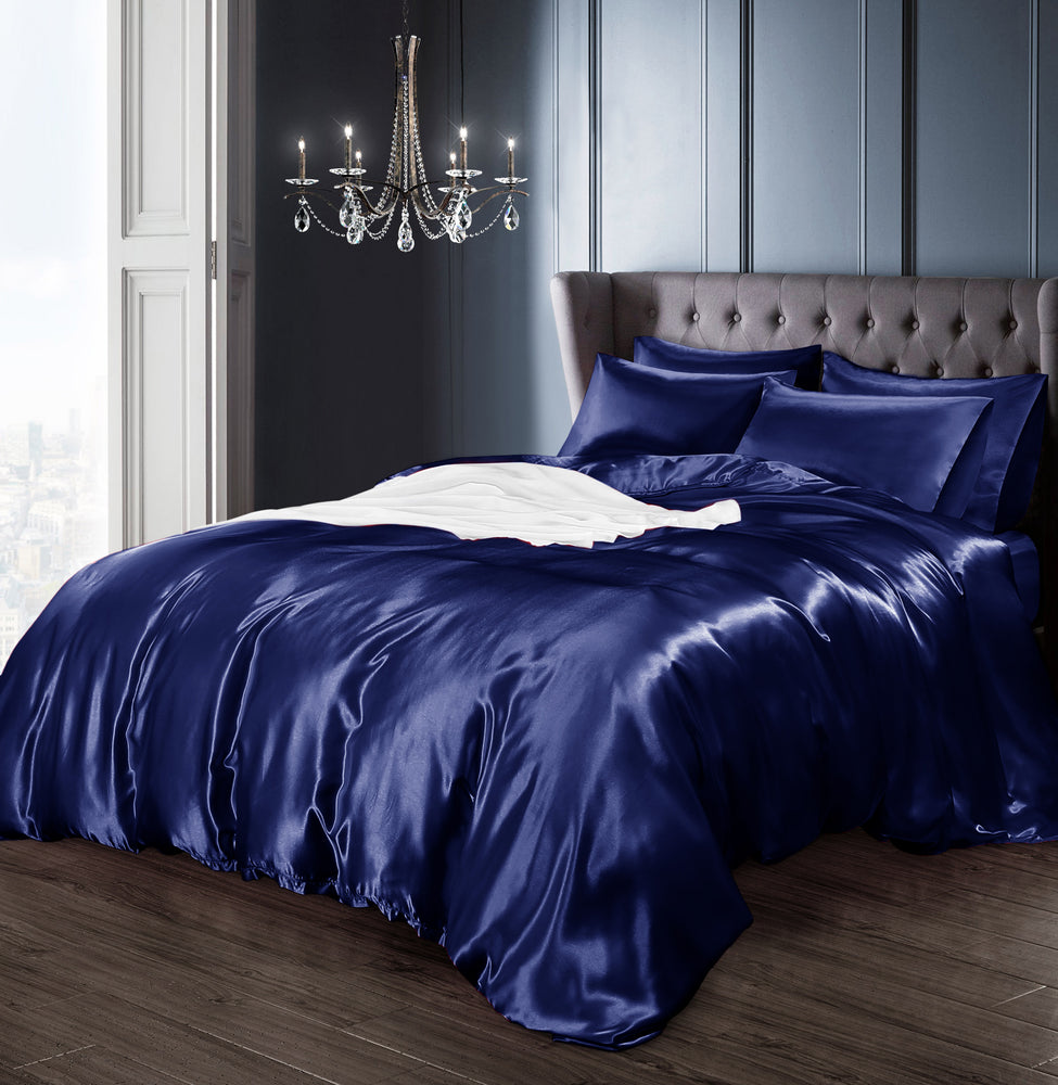 Velosso Satin Reversible Navy Blue Duvet Cover, Pillowcase & Fitted Sheet Set