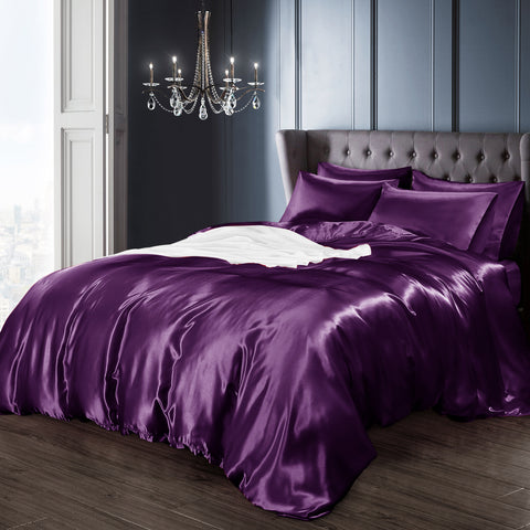 Velosso Satin Reversible Purple Duvet Cover, Pillowcase & Fitted Sheet Set