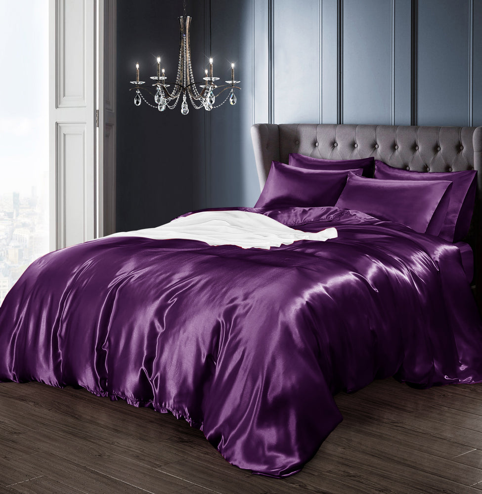 Velosso Satin Reversible Purple Duvet Cover, Pillowcase & Fitted Sheet Set