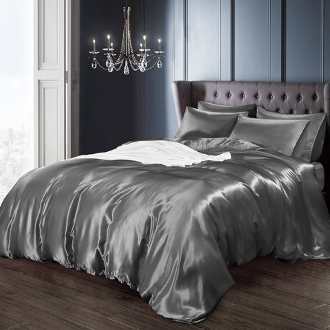 Velosso Satin Reversible Silver Duvet Cover, Pillowcase & Fitted Sheet Set