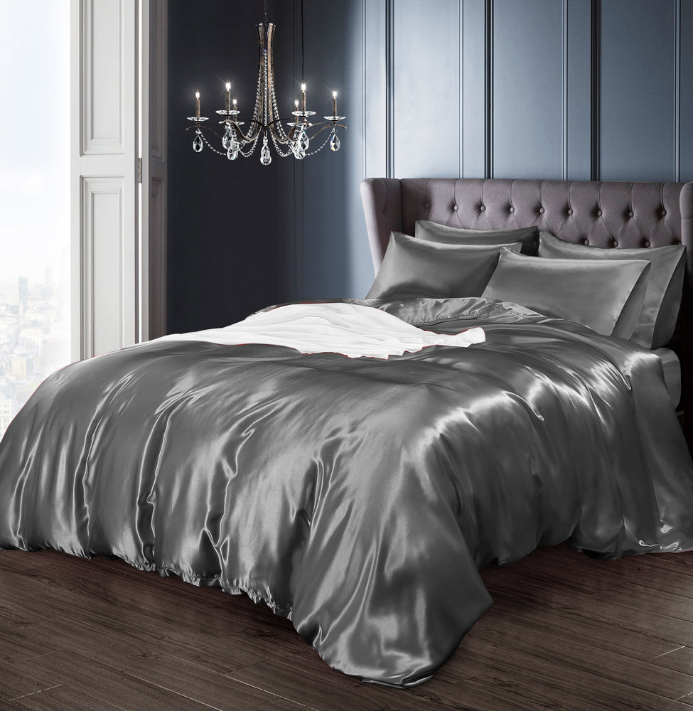 Velosso Satin Reversible Silver Duvet Cover, Pillowcase & Fitted Sheet Set