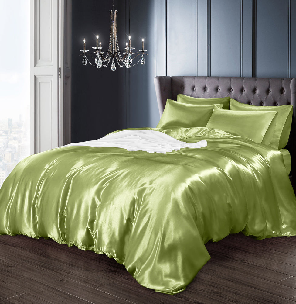 Velosso Satin Reversible Green Duvet Cover, Pillowcase & Fitted Sheet Set