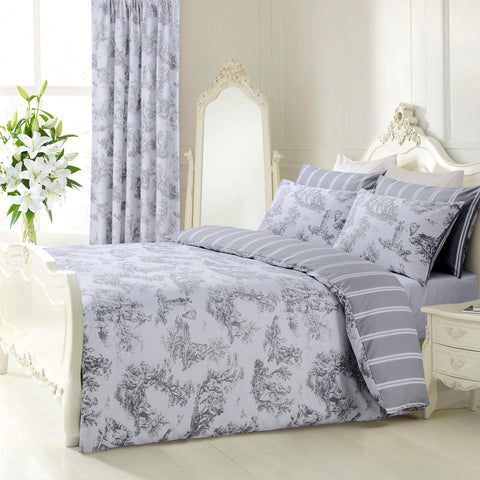 Velosso Toile Grey Reversible Duvet Cover & Pillowcase Set