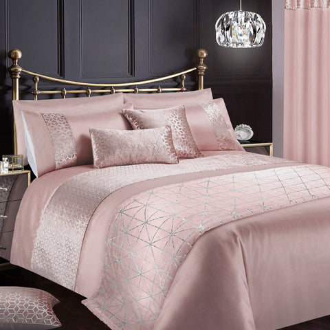 Intimates Vera Blush Pink Faux Silk Crushed Velvet Geometric Duvet Cover & Pillowcase Set