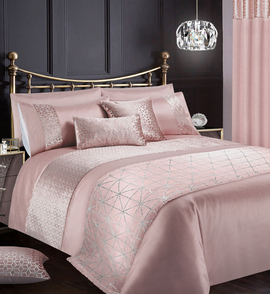 Intimates Vera Blush Pink Faux Silk Crushed Velvet Geometric Duvet Cover & Pillowcase Set