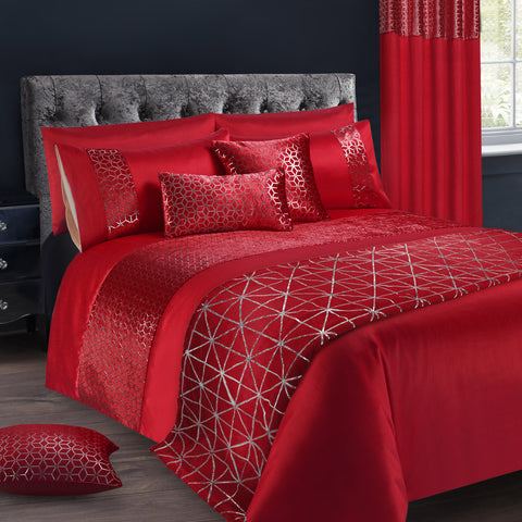 Intimates Vera Red Faux Silk Crushed Velvet Geometric Duvet Cover & Pillowcase Set - Super King