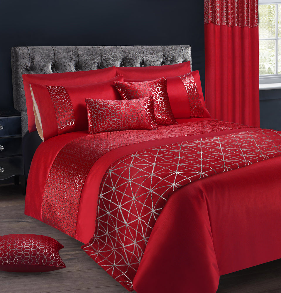 Intimates Vera Red Faux Silk Crushed Velvet Geometric Duvet Cover & Pillowcase Set - Super King