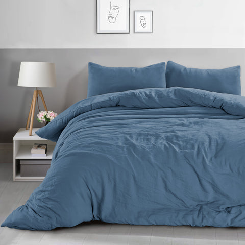 Velosso Washed Linen Look Denim Blue Duvet Cover & Pillowcase Set