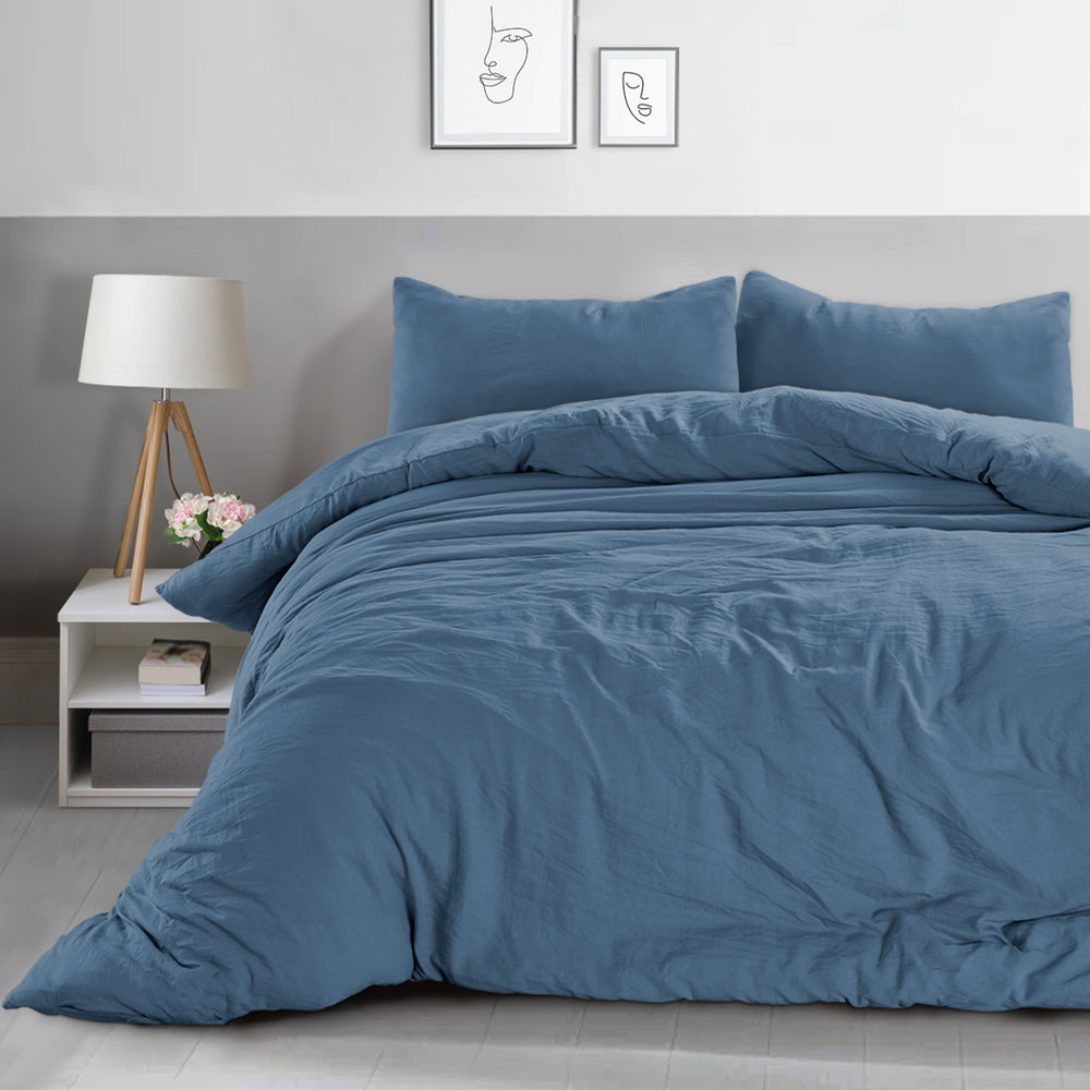 Velosso Washed Linen Look Denim Blue Duvet Cover & Pillowcase Set