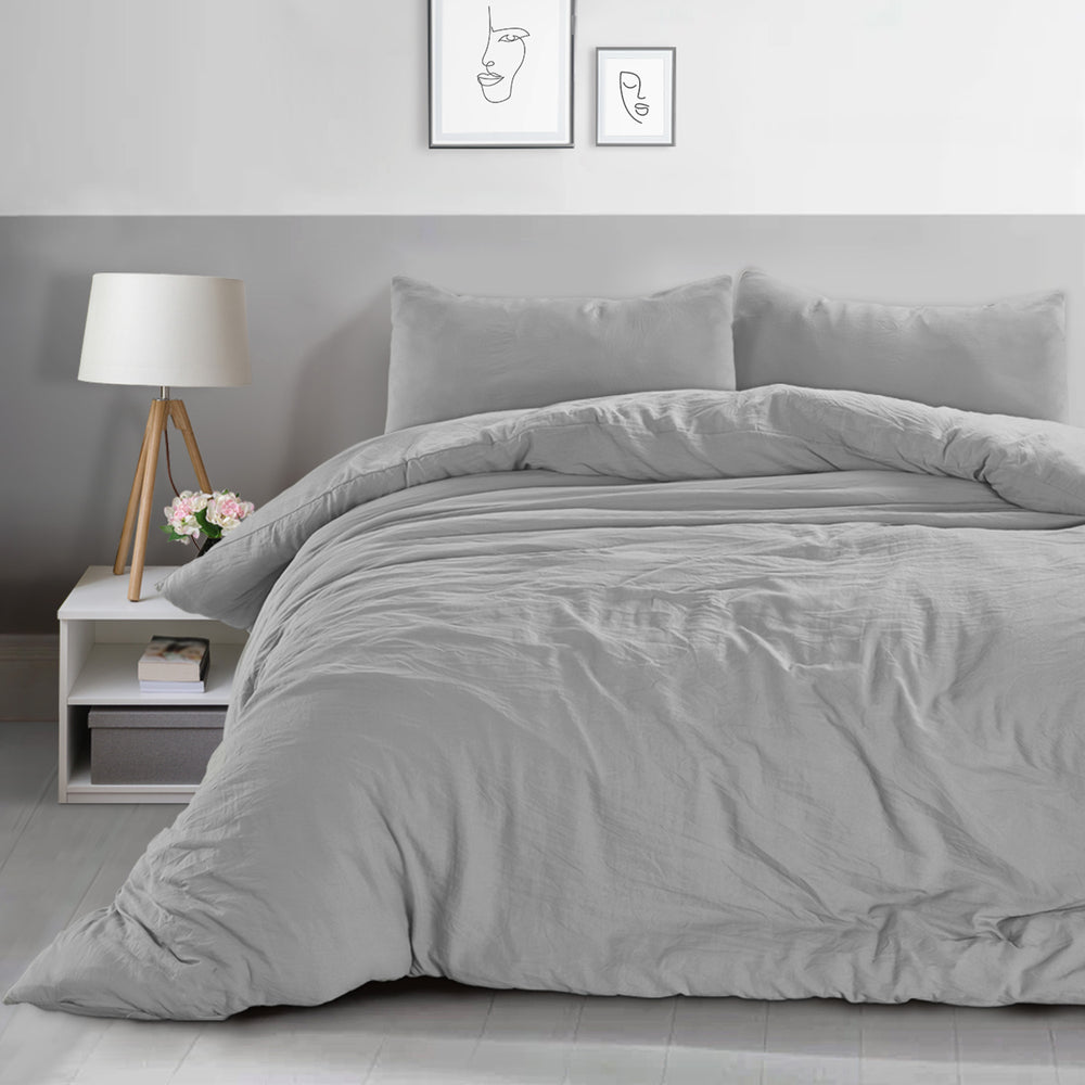 Velosso Washed Linen Look Silver Duvet Cover & Pillowcase Set