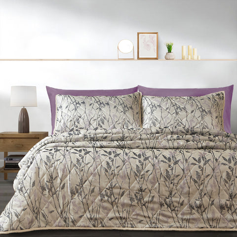 Velosso Luxury Wilder Lilac Jacquard Leaves Trail Quilted Bedspread Set