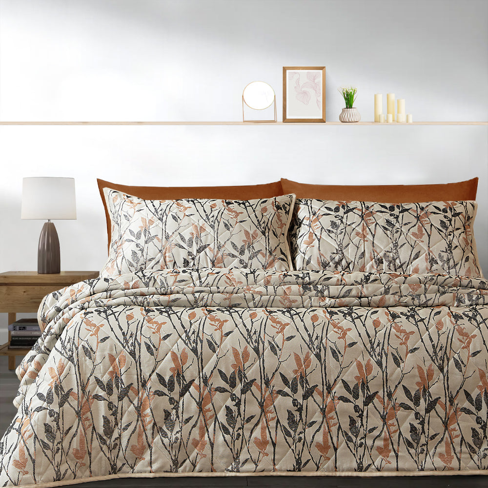Velosso Luxury Wilder Natural Jacquard Leaves Trail Quilted Bedspread Set