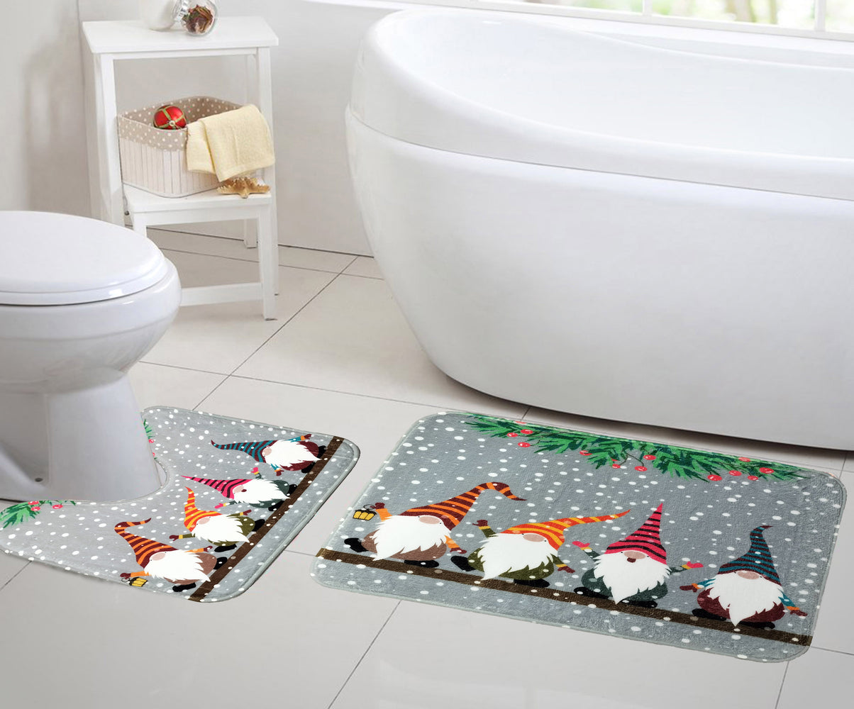 Velosso Singing Gonks Grey Christmas Memory Foam Anti Slip Bath Mat Set