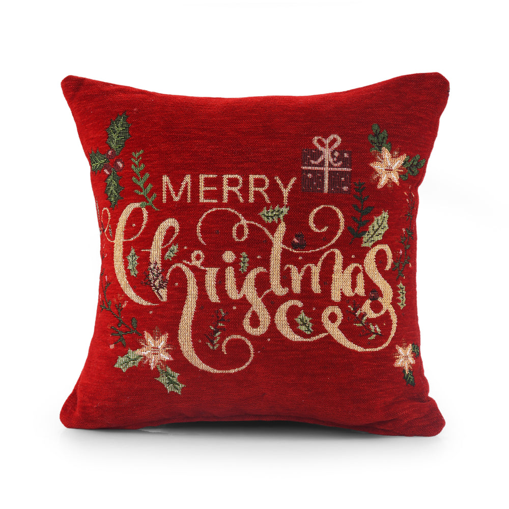 Floral Merry Christmas Festive Chenille Cushion Cover