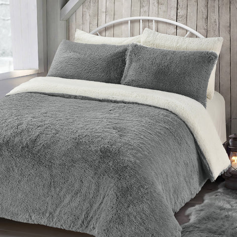 Velosso Alaska Faux Fur Teddy Silver Sherpa Duvet Cover & Pillowcase Set