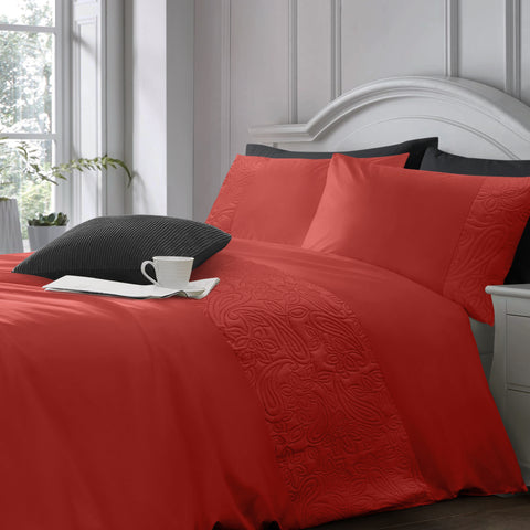 Alexis Floral Embossed Red Duvet Cover & Pillowcase Set