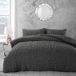 Velosso Alini Floral Embossed Charcoal Duvet Cover & Pillowcase Set
