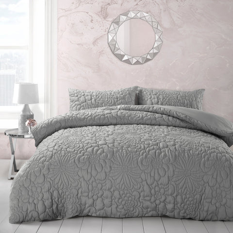 Velosso Alini Floral Embossed Grey Duvet Cover & Pillowcase Set