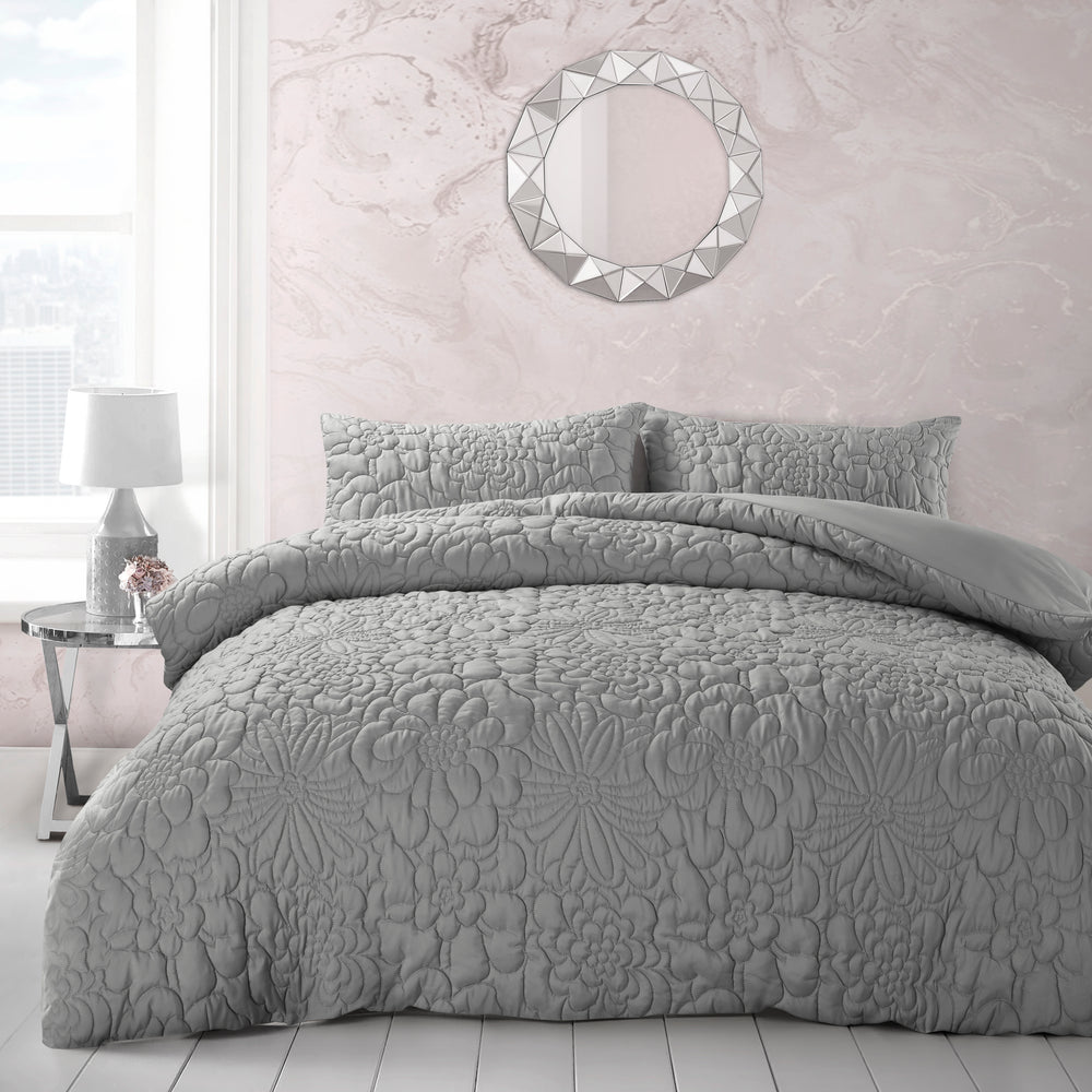 Annie Mono Grey Flowers Duvet Quilt Cover Modern Floral Bedding Set