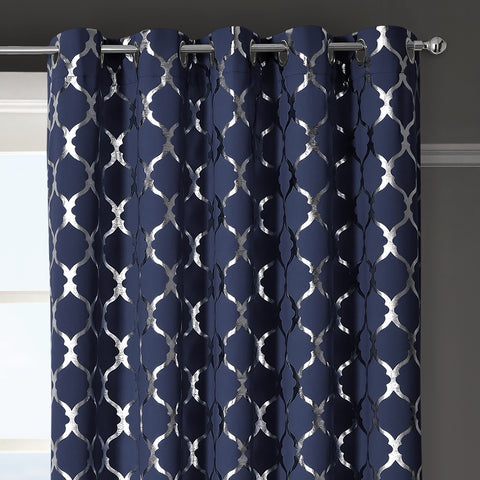 Velosso Arabesque Ready Made Thermal Navy Blackout Eyelet Curtains