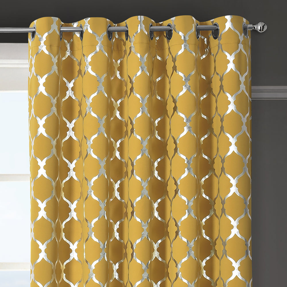 Velosso Arabesque Ochre Thermal Blackout Ready Made Eyelet Curtains