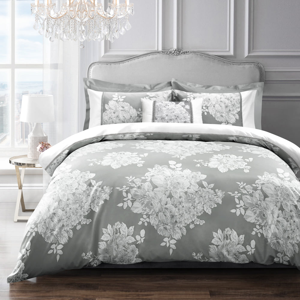 Sweet Dreams Ascot Silver Floral Jacquard Duvet Cover & Pillowcase Set