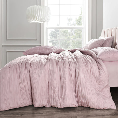 Velosso Calais Crinkle Pleated Pink Duvet Cover & Pillowcase Set
