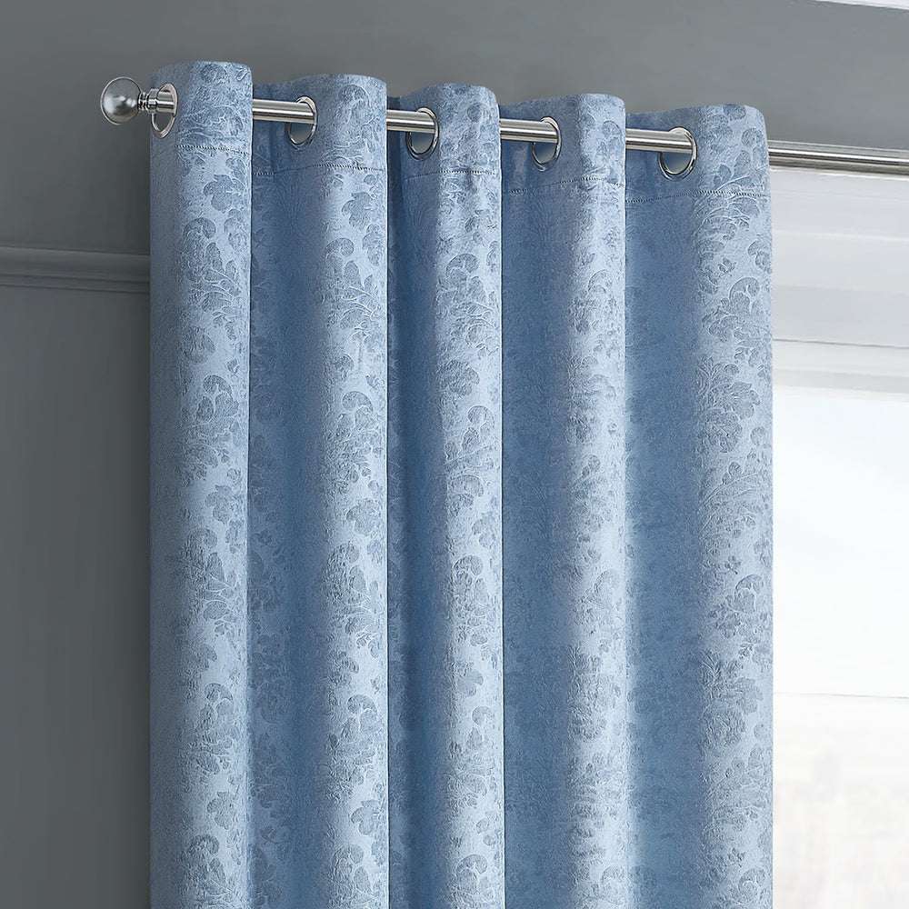 Velosso Damask Soft Blue Thermal Dimout Ready Made Eyelet Curtains