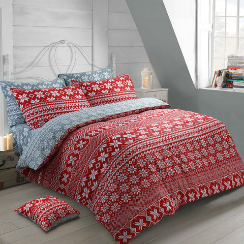 Velosso Nordic Flannelette Red Reversible Duvet Cover & Pillowcase Set