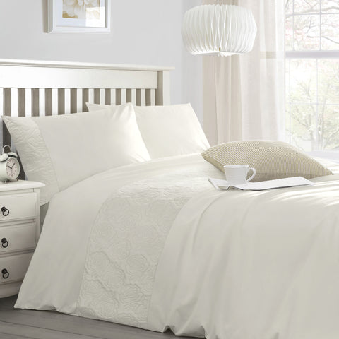 Velosso Quilted Floral Embossed Cream Duvet Cover & Pillowcase Set
