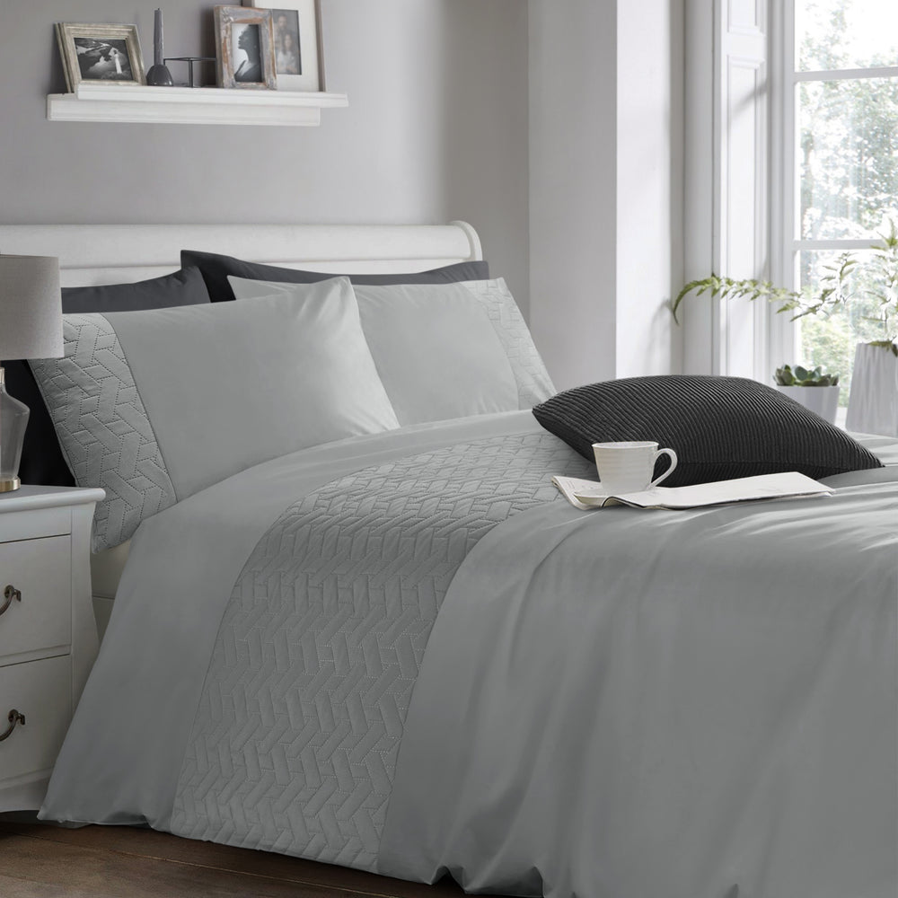 Velosso Quilted Geo Embossed Silver Duvet Cover & Pillowcase Set