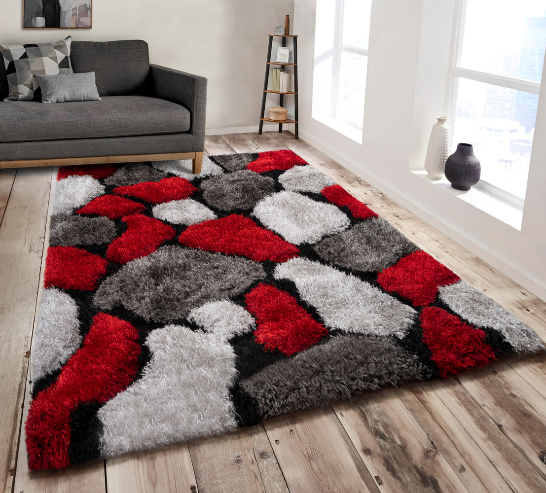 Home Republic Pebbles Red 3D Carved Shaggy Floor Rug